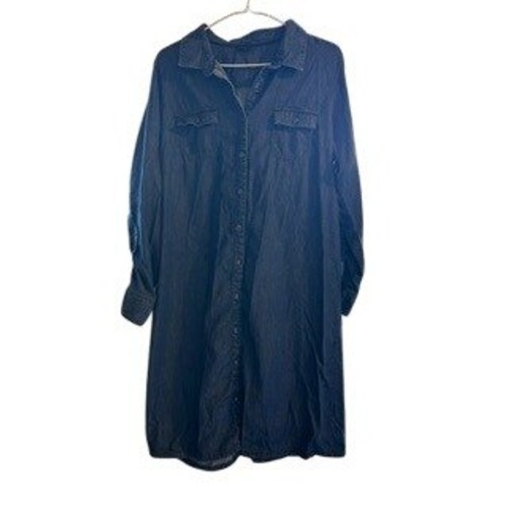 Basic Editions Denim Shirt Dress Dark Wash Long Sleeve Roll Tab Cotton Blend 90s